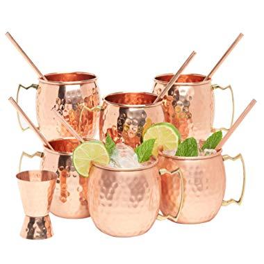 Kitchen Science Moscow Mule Copper Mugs 16 Ounce with 6 Straws and Jigger Set