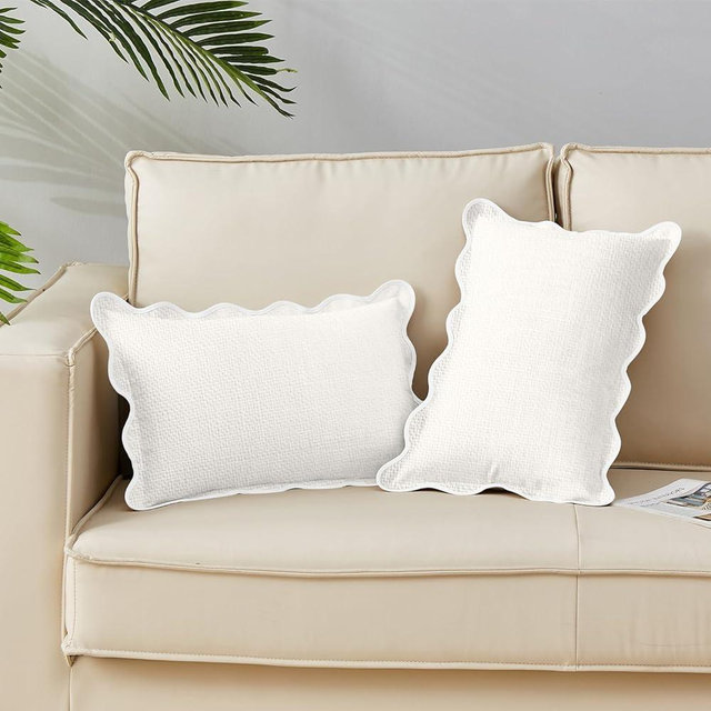 Mayler Yee Scalloped Pillow Covers Set of 2 for Living Room | Spring Decorative Sofa Couch Lumbar Pillows | Boho Sytle Decorative Home | Aesthetic Funky Preppy Pillow Cases (Beige & White, 12x20 Inch)