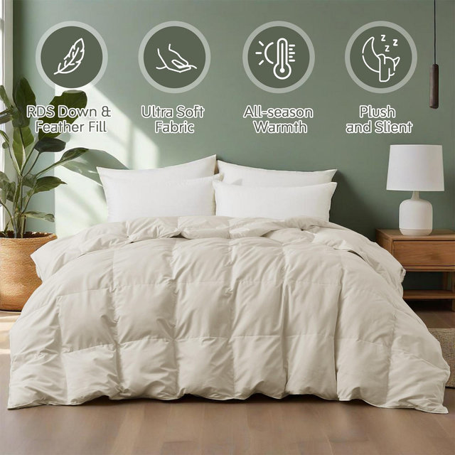 Peace Nest Medium Weight White Goose Down Comforter - Ultra Soft Noiseless 360 Thread Count Fabric, Light Khaki, King