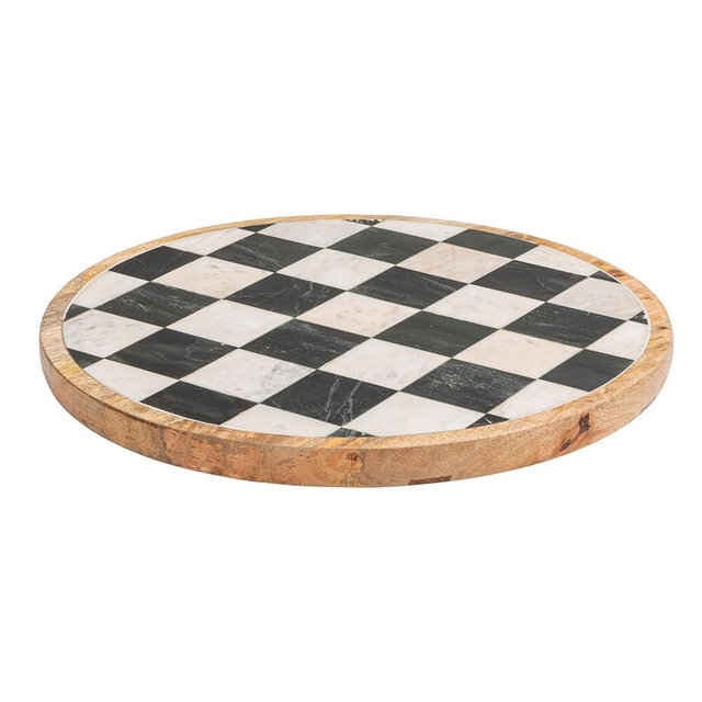 Creative Co-Op Checkered Lazy Susan in Mango Wood and Marble, White, Black and Natural