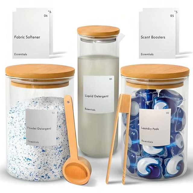 IVIZA Glass Laundry Detergent Dispenser & Storage Set – Liquid Detergent Pump, Fabric Softener Dispenser, Laundry Powder Jar & Dryer Sheet Holder – Complete Laundry Organization Set