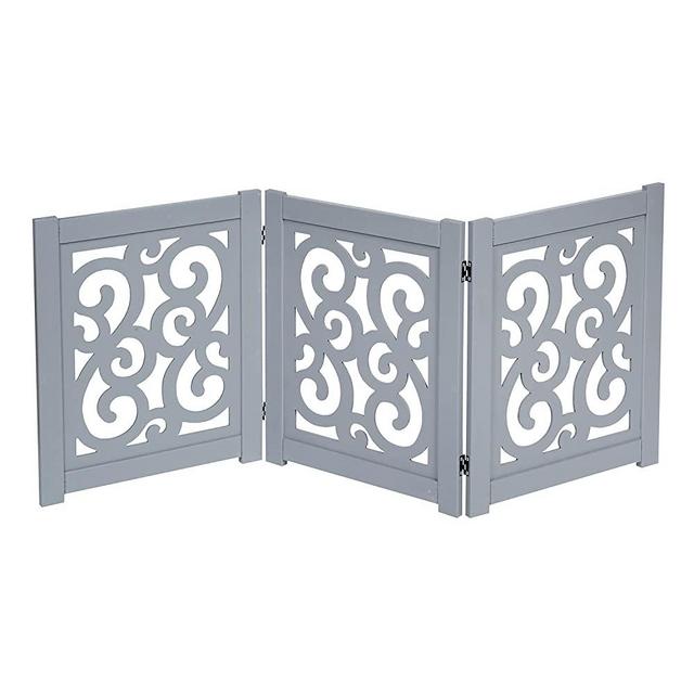 HOME DISTRICT Freestanding Pet Gate Real Wood 3-Panel Tri Fold Folding Dog Fence - Grey Scroll Design, 47" x 19"