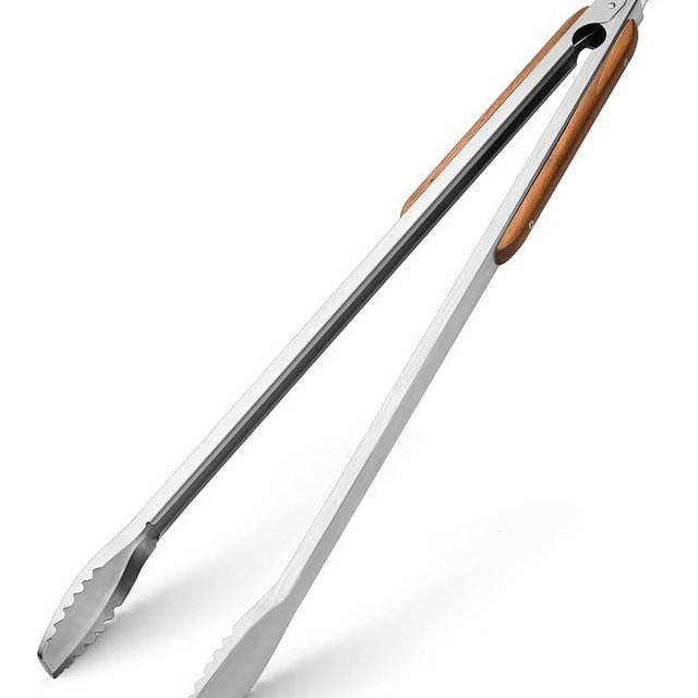 25" Extra Long BBQ Tongs with Wooden Handle, Heavy Duty Stainless Steel Metal Tongs for Charcoal, Grilling, BBQ, Barbecue, Cooking