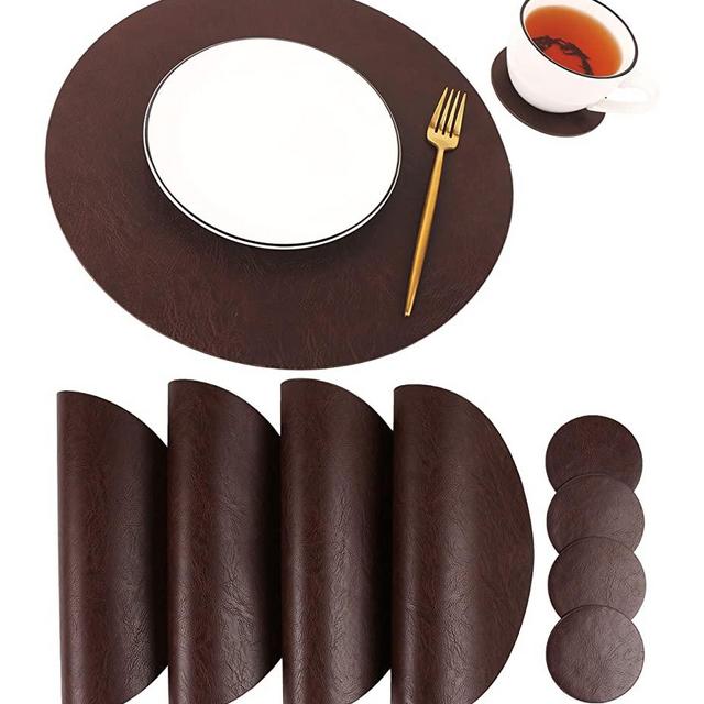 Jovono Embossed PU Leather Placemats, Waterproof Coffee Coasters, Kitchen Table Mats, Easy to Wipe Off for Dining Round Table