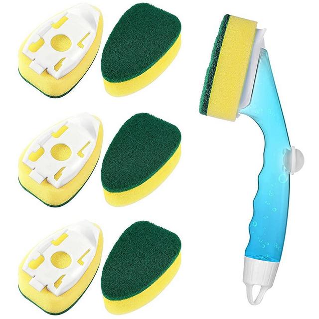 Non Scratch Dishwand with Handle - 6 Refills Heavy Duty Dish Wand Pack, Replacement Sponge Heads Set, Soap Dispenser Scrubbers, Dishwashing Scrub Brush, Cleaners Supplies, Dishwasher Cleaning Tool kit