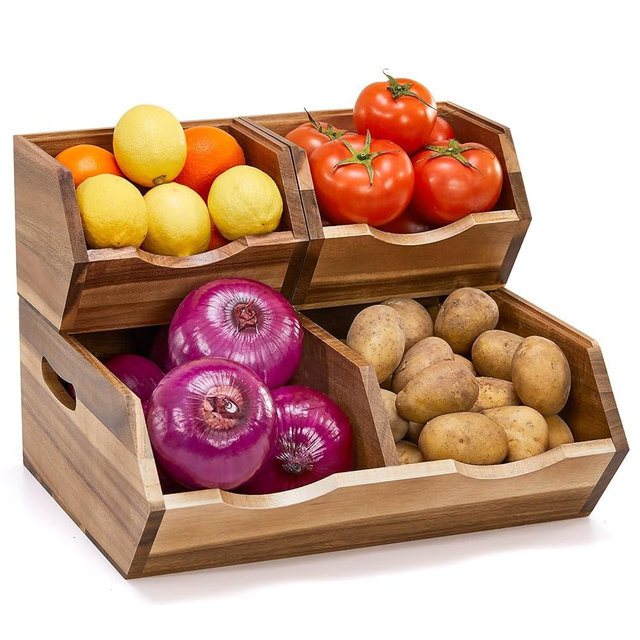 ICOHOT Acacia Wood Pantry Storage Bins, Stackable Storage Baskets Potato and Onion Storage Bins, Pantry Organizer Wooden Baskets Organization and Storage, Set 3 Pieces