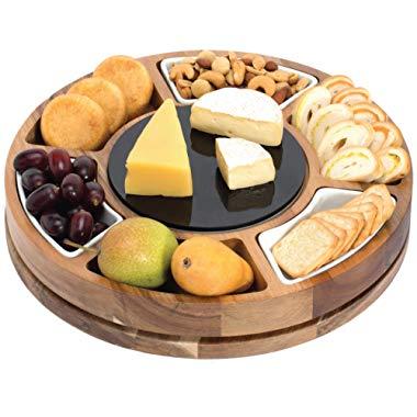 Shanik Cheese Board Set, Round Acacia Charcuterie Board, Cheese Serving Platter with Slide-Out Drawer, 2 Sided Marble Plate Black/White,3 Piece Stainless Steel Cutlery, Quality Assured