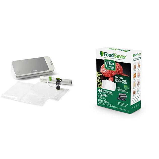FoodSaver® VS2150 Vacuum Sealing System, Food Vacuum Sealer, White/Silver & 1-Quart Precut Vacuum Seal Bags with BPA-Free Multilayer Construction, 44 Count