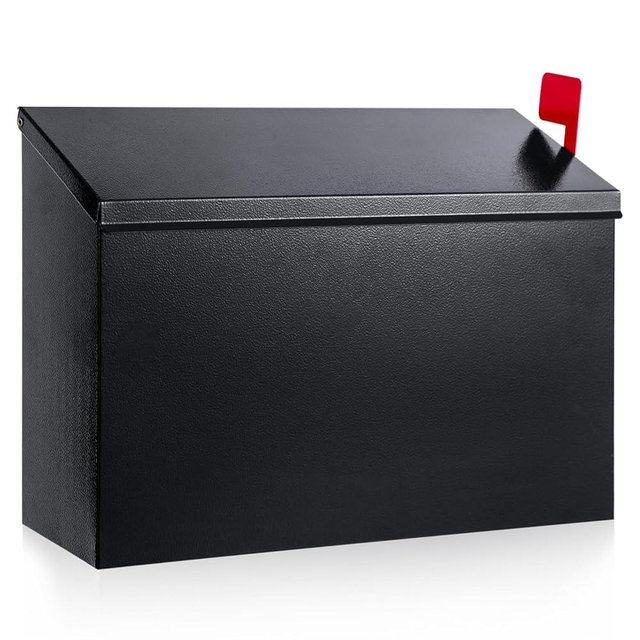 Wall Mount Mailbox for Outside with Flag, Galvanized Steel Mail Box for Post Outdoor, Large Capacity Rust-Proof Metal Postbox for House and Office, with 3 Sets Mailbox Numbers, 14.2"x9.5"x4" Black