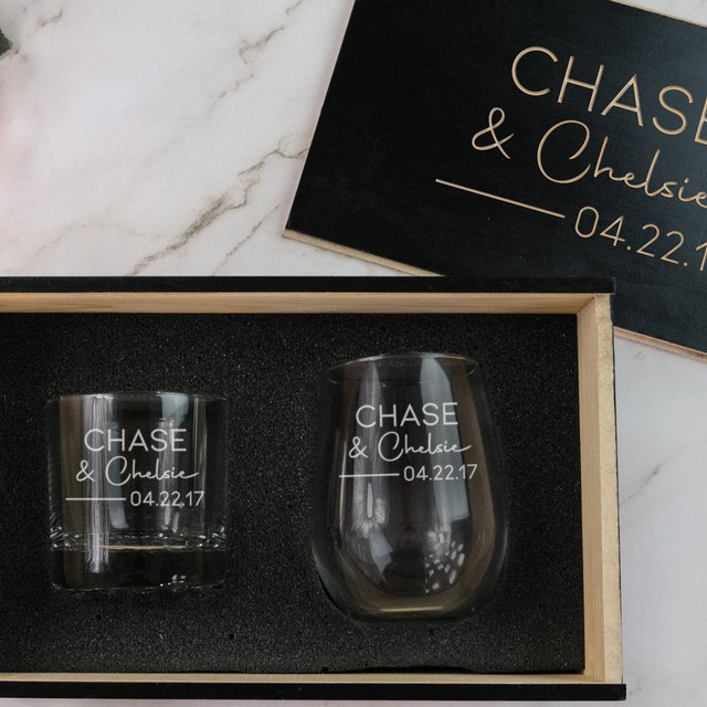 Personalized Whiskey & Wine Gift Set - Engraved Gifts for a Couple | His and Hers Glasses | Engagement Gifts | Anniversary Gifts, Design: N6