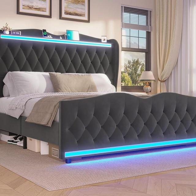 ADORNEVE King Bed Frame with LED Light and Charging Station, Velvet Upholstered Bed Frame King with High Headboard Storage, Deep Tufted Wingback Platform Bed, Solid Wood Slats, Dark Grey