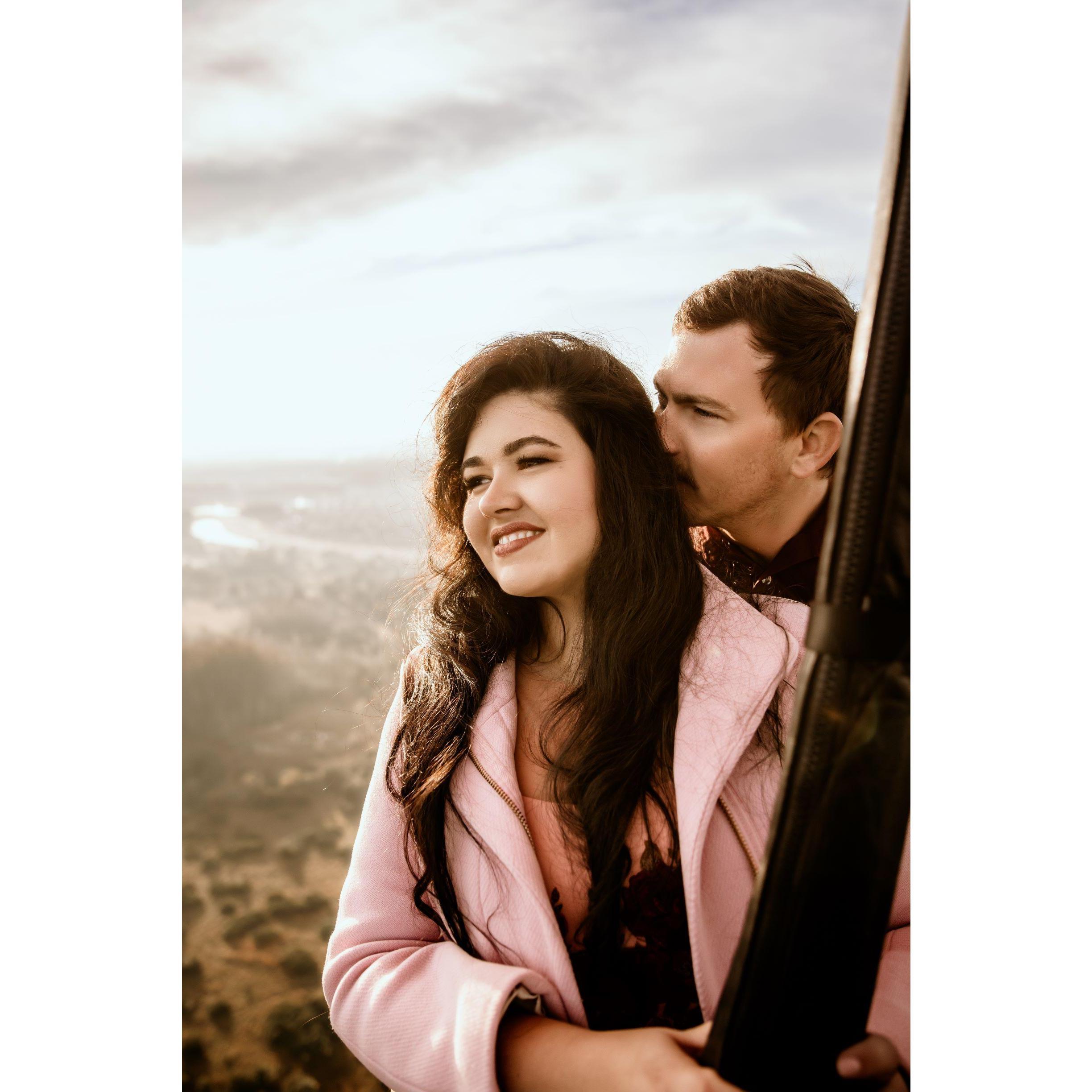 Christie and Kasey flying over Tampa with The Big Red Balloon Company for their engagement photos.