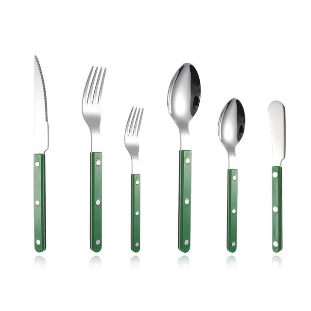 6-Piece Stainless Steel Silverware Cutlery Set - Color Handle with Rivet/Retro Style Sabre Flatware - Includes Dinner Knife; Dinner Fork; Salad Fork; Soup Spoon; Teaspoon; Spreader (Green)