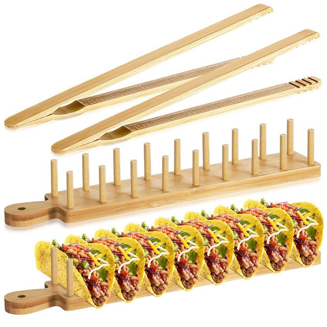Kigley Wood Taco Holder Set of 4 Bamboo Mini Taco Tray with Tong Stand with Handle Wooden Rack, Each Holds 8 Soft or Hard Shell for Charcuterie Food Kitchen Gifts Accessories Home