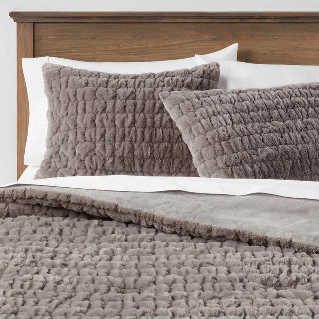 King Ruched Faux Fur Comforter & Sham Set Gray - Threshold™