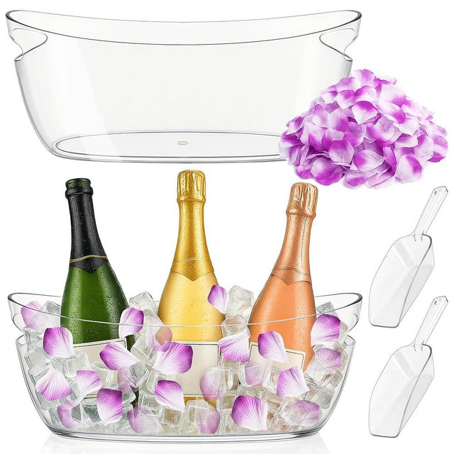 Whalead Ice Buckets for Parties Set of 2 – 5L Clear Beverage Tub with Ice Scoop & Faux Petals, Large Drink Buckets for Wine, Champagne, Beer, and Events