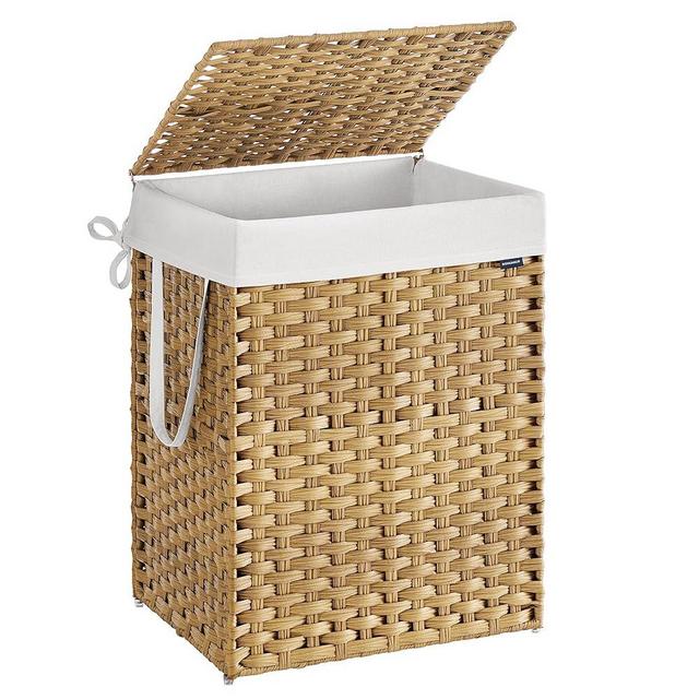SONGMICS Laundry Hamper with Lid, 29.1 Gallon (110 L) Synthetic Rattan Clothes Laundry Basket with Lid and Handles, Foldable, Removable Liner, Goose Yellow ULCB152Y01