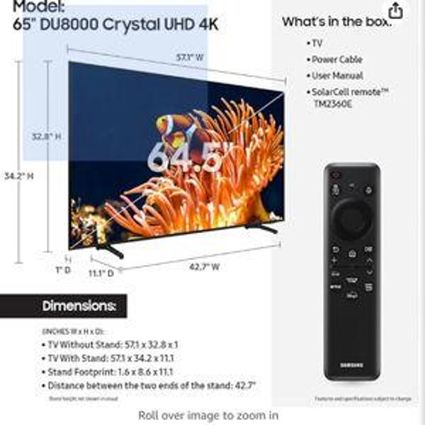 SAMSUNG 65-Inch Class 4K Crystal UHD DU8000 Series HDR Smart TV w/Object Tracking Sound Lite, Motion Xcelerator, Ultra Slim Design, Gaming Hub, Alexa Built-in (UN65DU8000, 2024 Model)