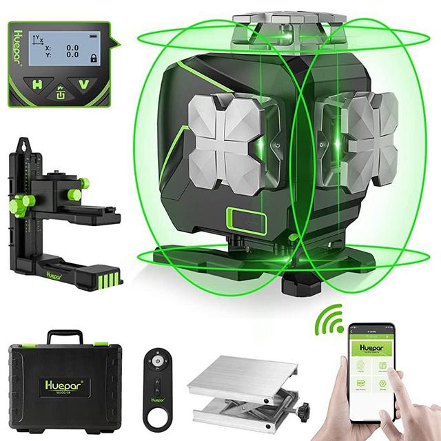 Huepar 16 Lines Self-Leveling Laser Level 4 x 360°Cross Line Laser with LCD Screen, 4D Bluetooth Green Beam Tiling Floor Laser Tool -360°Horizontal/Vertical Laser -Remote Control&Hard Carry Case S04CG