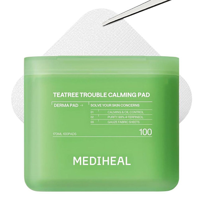 MEDIHEAL Toner Pads 100 Count - Teatree Trouble Calming - Contains Purity 99% Teatree (4-Terpineol) - For Sensitive & Acne Prone Skin - Vegan Hypoallergenic Face Gauze, Korean Skin Care