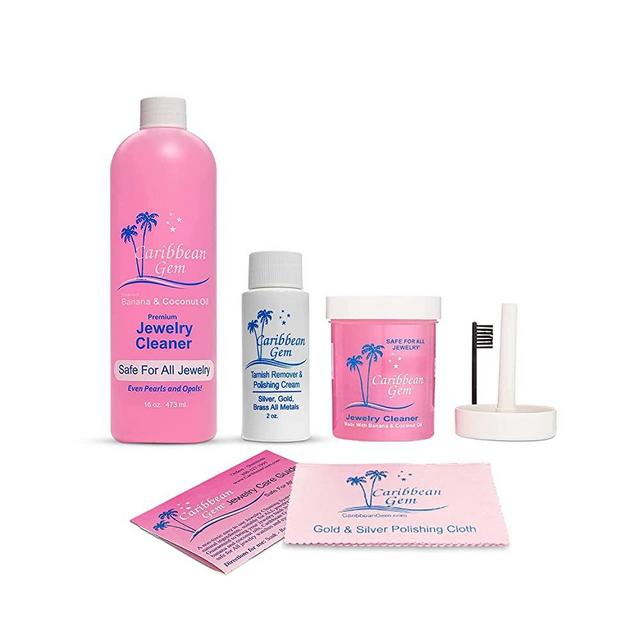 Caribbean Gem Jewelry Cleaner 16oz & 8oz, Basket, Brush, Polishing Cream & Polishing Cloth - Jewelry Cleaning Kit for All Gold, Silver, Diamonds, Rings, Necklaces, Gems, Precious Stones & Metals
