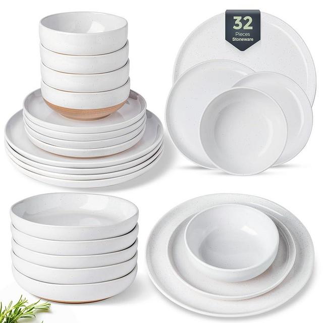 AmorArc 32 Pieces Ceramic Dinnerware Sets for 8, Handpainted Plates and Bowls Set with Rustic Terracotta Underside, Scratch Resistant Stoneware Dishes Set, Dishwasher & Microwave Safe, White