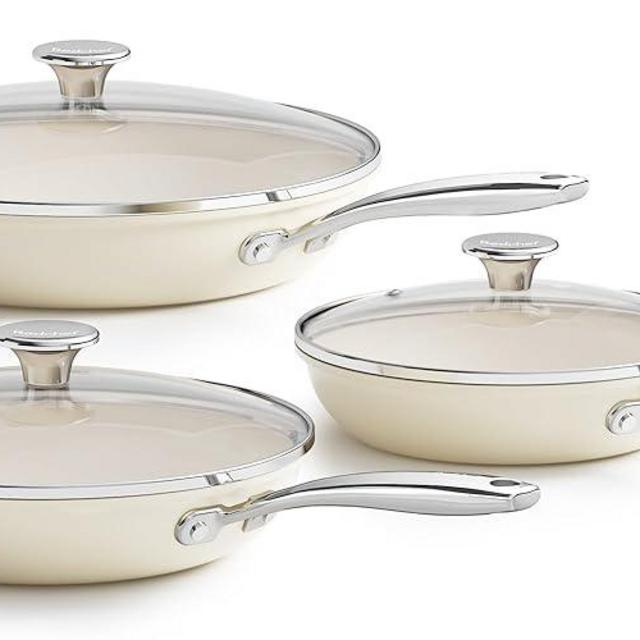 Redchef Nonstick Cookware Sets, Frying Pan Set with Tempered Glass Lids, Ceramic Cookware Set, Stay-Cool Handles, Dishwasher & Oven Safe, Compatible with All Cooktops, Beige (8+9.5+11 Inch)