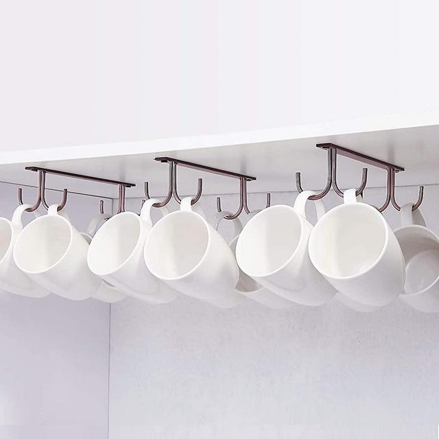 Mug Rack Under Cabinet - Coffee Cup Holder, 12 Mugs Hooks Under Shelf, Display Hanging Cups Drying Hook for Bar Kitchen Utensils Brown