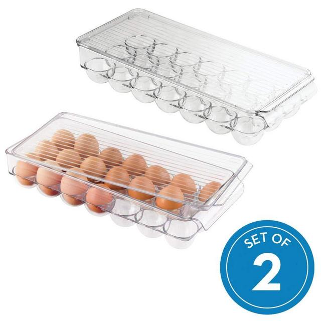 iDesign Plastic Egg Holder for Refrigerator with Handle and Lid, BPA-Free Fridge Storage Organizer for Kitchen, Holds up to 21 Eggs, 14.57" x 6.25" x 3", Set of 2, Clear