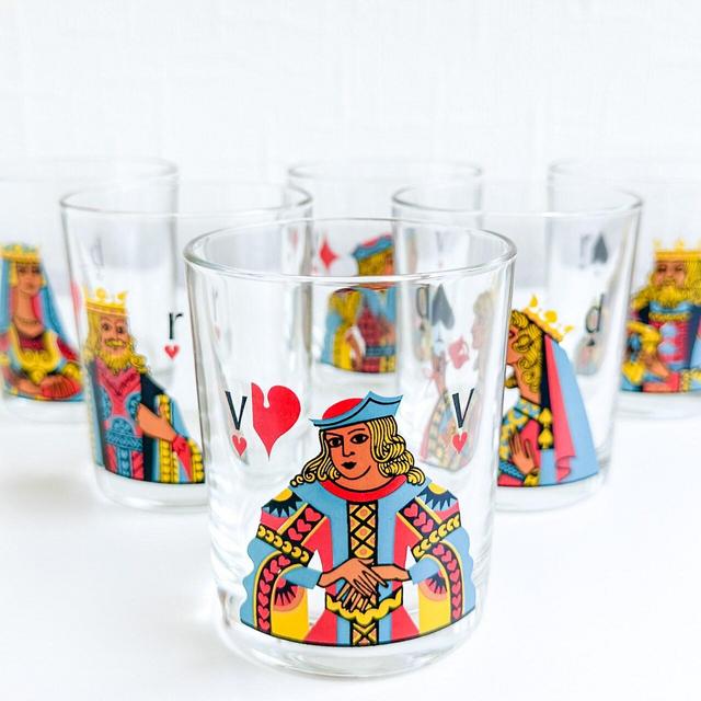 Set of 6 Vintage Glasses with Playing Cards Design, Whiskey Glasses made in France, Glasses for Poker Games Night