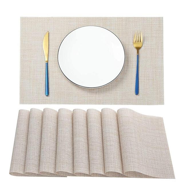 SD SENDAY Placemats, Set of 8 Heat-Resistant Placemats Stain Resistant Anti-Skid Placemats for Kitchen Table, Washable Durable PVC Table Mats Woven Vinyl Placemats (Beige White, 8Pcs)