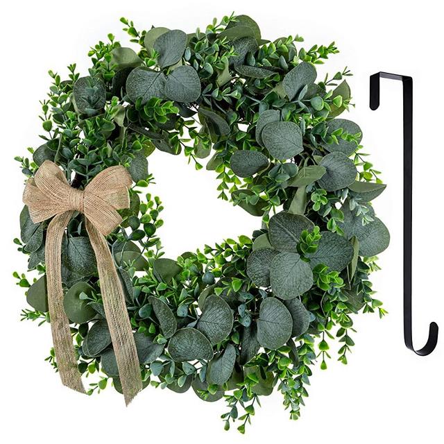 Craftoneer 20" Large Artificial Eucalyptus Wreath for Front Door with Gift Box for Easter or Any Occasion, 15" Hanger, Nice Bow, Twig Base, Wide Greenery for Outdoor Indoor Décor for All Seasons