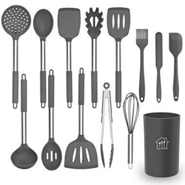 Silicone Cooking Utensil Set, AILUKI Kitchen Utensils 14 Pcs Cooking Utensils Set,Non-stick Heat Resistant Silicone,Cookware with Stainless Steel Handle - Grey