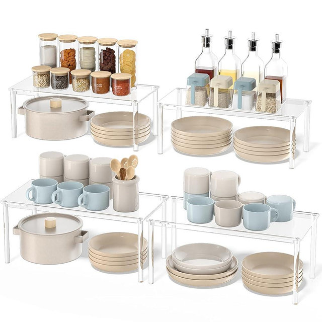 Megapuxin Cabinet Organizer Shelf, Acrylic 15.7'' Large Kitchen Counter Shelf, 4 Set Spice Rack for Cabinet, Kitchen Pantry Organizer and Storage for Stackable, Expandable