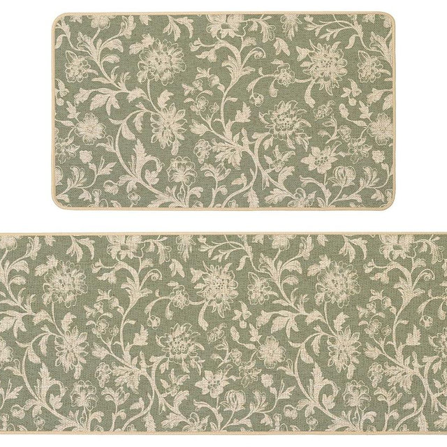 Baccessor Sage Green Floral Kitchen Mats Set of 2,Monochrome Sketch Retro Vintage Flowers Kitchen Rugs Absorbent Non Slip Low-Profile Washable for Spring Summer Floor Home Decor 17x29 and 17x47 Inch