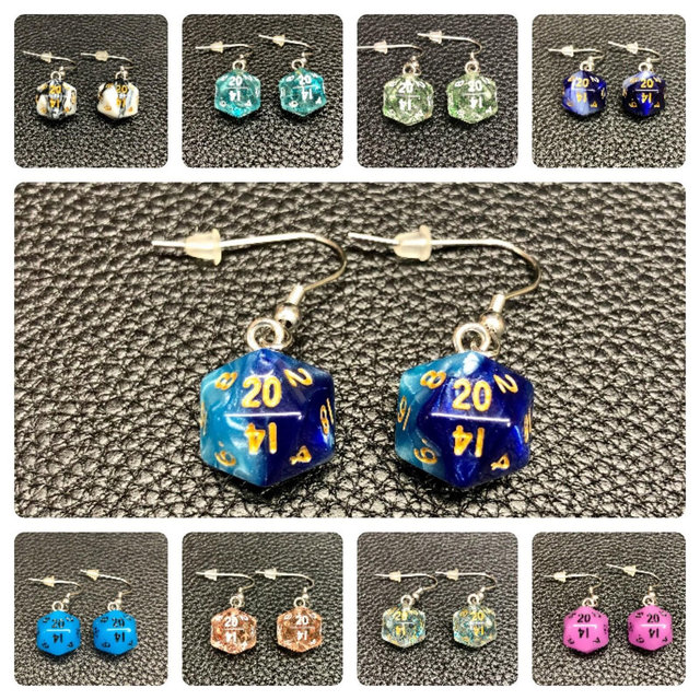 Mini D20 Dice Earrings / Swirl - Glow In The Dark - Glitter / 10mm / Stainless Steel Hangers / Silicone Earnuts