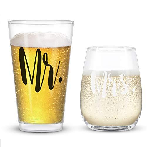 Mr and Mrs Stemless Wine Glass and Beer Glass Combo with Gift Box, Couple Glasses for Wedding Engagement Anniversary Bridal Shower Party Valentine's Day