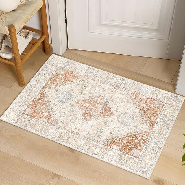 MUJOO Small Rug,2x3 Washable Area Rugs for Bathroom Entryway Entry Entrance Bedroom,Indoor Front Door Mat Non Slip Throw Carpet Boho Low Pile Terracotta