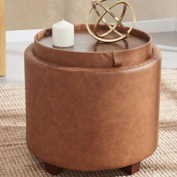 Ornavo Home Lawrence Round Faux Leather Storage Ottoman with Table Top Lid - Cognac