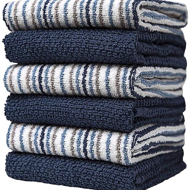 Premium Kitchen Towels (16”x 26”, 6 Pack) – Large Cotton Kitchen Hand Towels –Popcorn Stripe Design – 400 GSM Highly Absorbent Tea Towels Set with Hanging Loop – Blue