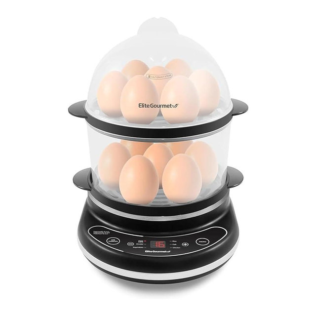 Elite Gourmet EGC314CB Digital Easy Egg Cooker Food Steamer, Poacher, Omelet, Soft, Medium, Hard-Boiled Egg with 6 Programmed Preset Functions, 2-Tiers, Measuring Cup, BPA Free, 14 egg capacity, Black