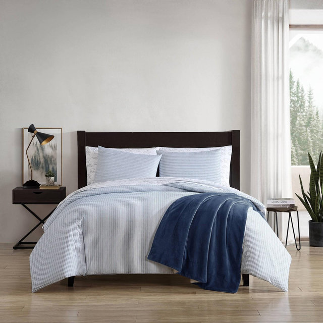 Eddie Bauer 3pc King Ticking Stripe Duvet Set Navy Blue: Cotton Percale, Machine Washable, OEKO-TEX Certified