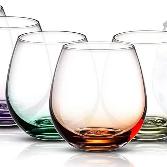 Colovie Colored Wine Glasses Set of 6, Stemless Wine Glasses, Large 15OZ, Modern Colorful Short Wine Tumblers Set, Red Wine Glasses, White Wine Glasses .Freezer & Dishwasher Safe, Securely Boxed Gift