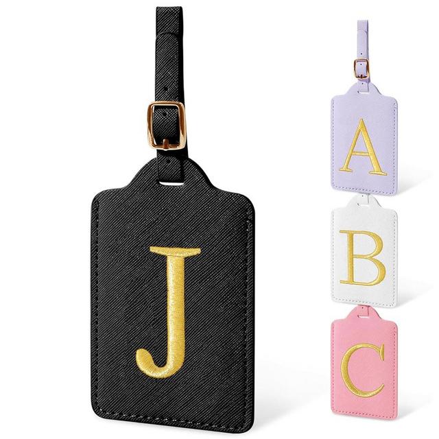 Personalized Initial Luggage Tags for Suitcases, Cute PU Leather Embroidered Letter Travel Luggage Tags, Suitcase Identifier Name Baggage Tag, Bag Tags for Men Women Kids Luggage Handbags(Black J)