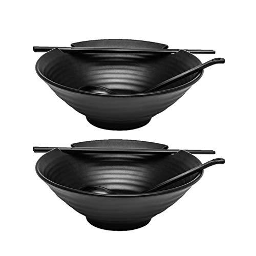 2 x Ramen Bowl Set (Black Melamine), 6pcs Japanese Style Soup Bowls Set with Chopsticks, Ladle Spoons Set and Large 37 oz Bowl for Ramen, Pho, Noodles, Asian dishes