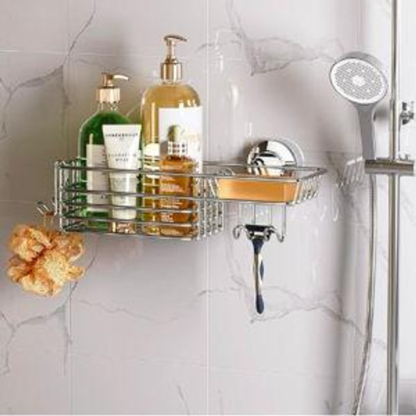 LEVERLOC Shower Caddy Suction Cup, 2 Pack Heavy Duty Bathroom Organizer for Inside Shower with Hooks & Soap Holder, Removable and Rustproof Silver Bathroom Holder Storage