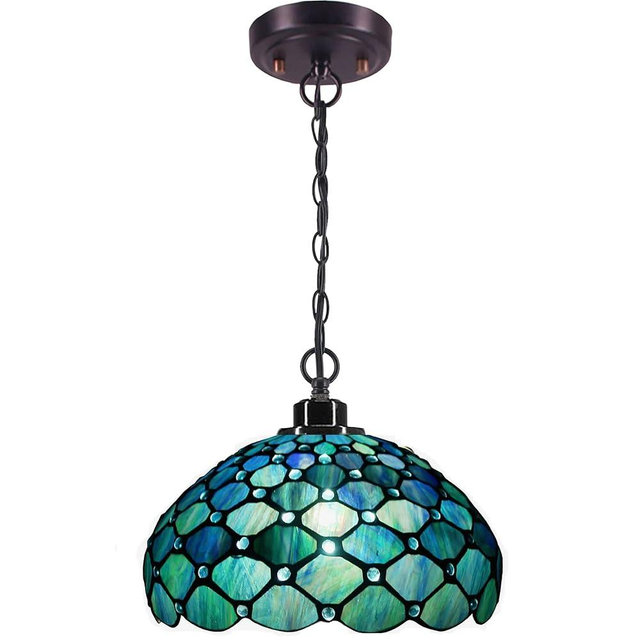 ZJART Tiffany Pendant Light Sea Blue Pearl Style Stained Glass Swag Lamp 12X12X34 Inch Ceiling Hanging Light for Living Room Dining Room Bedroom