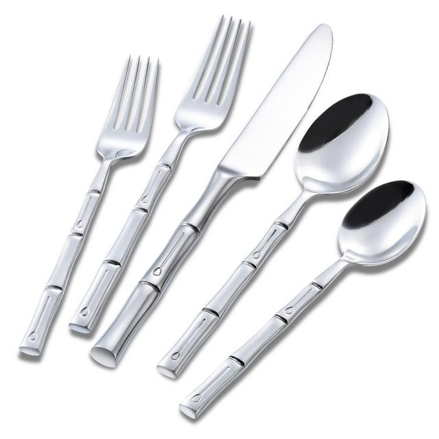 Flatasy Flatware Set Stainless Steel Silverware Set 20 Piece Cutlery Set with Silver Mirror Polish and Bamboo Pattern Service for 4