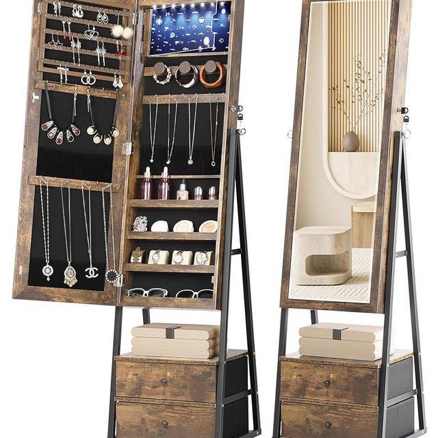 Nicetree Jewelry Cabinet Armoire with 2 Drawers, Lockable Standing Jewelry Mirror Cabinet, Full Length Mirror with Jewelry Storage, Christmas Gifts, Valentine's Day Gift, Rustic Brown
