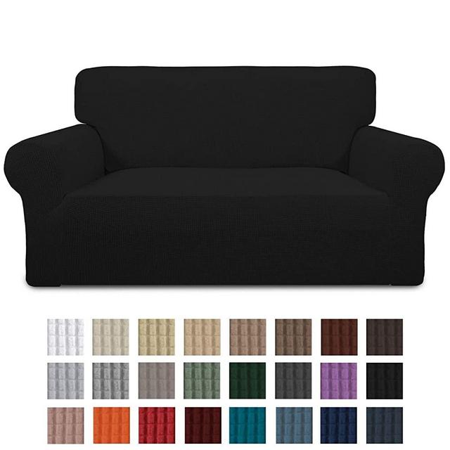Easy-Going Stretch Loveseat Slipcover 1-Piece Couch Sofa Cover Furniture Protector Soft with Elastic Bottom for Kids. Spandex Jacquard Fabric Small Checks(loveseat,Black)